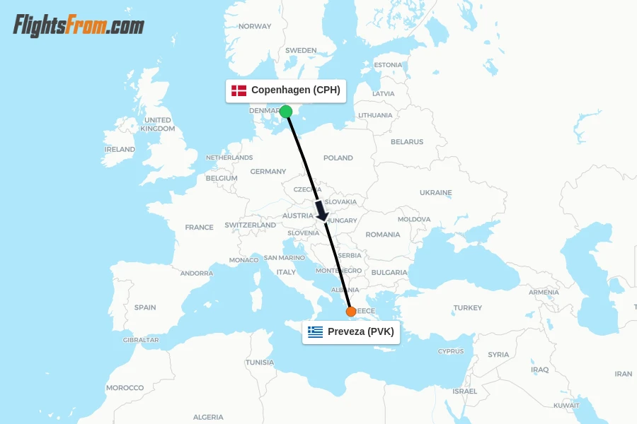 Flights from Copenhagen to Preveza route map