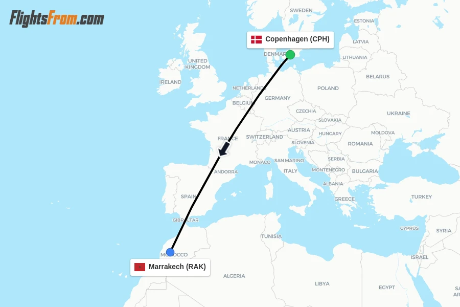 Flights from Copenhagen to Marrakech route map