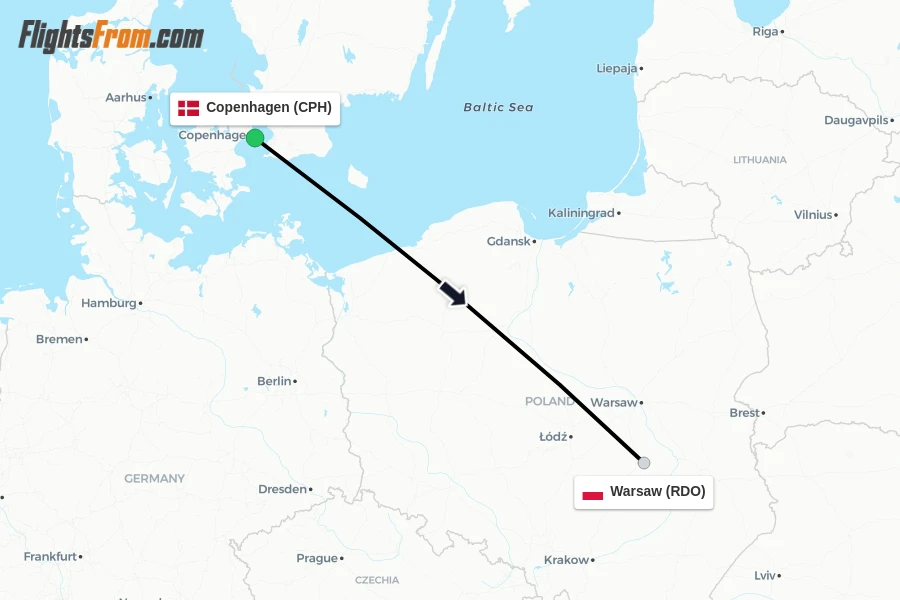 Flights from Copenhagen to Warsaw route map