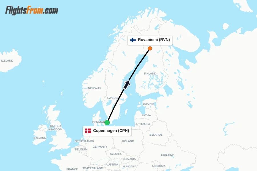 Flights from Copenhagen to Rovaniemi route map