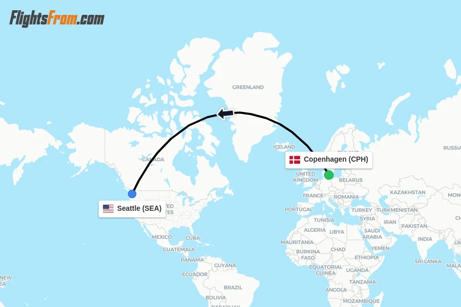 Flights from Copenhagen to Seattle route map