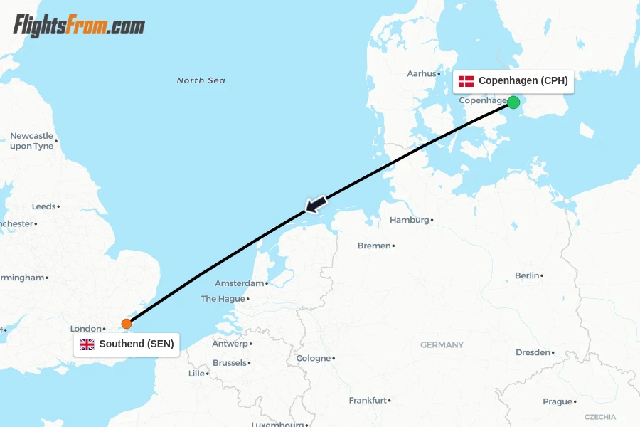 Flights from Copenhagen to Southend route map