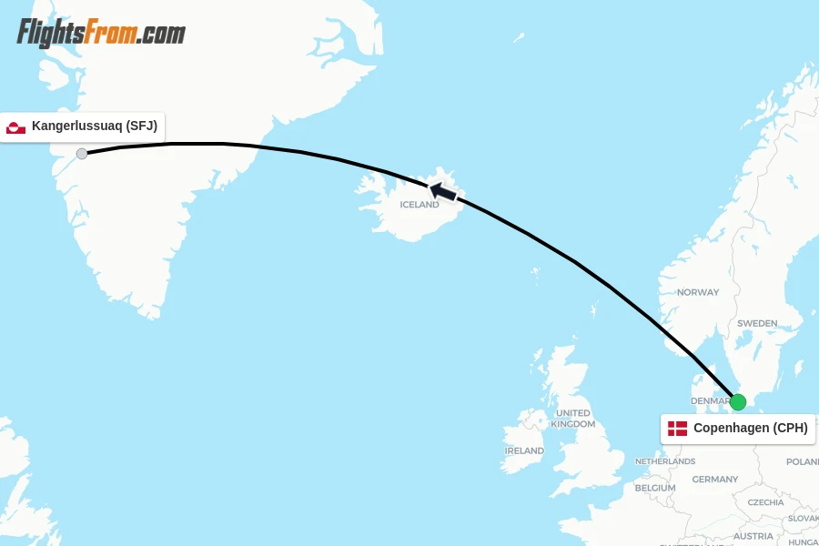 Flights from Copenhagen to Kangerlussuaq route map