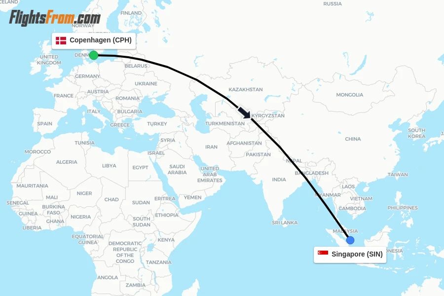 Flights from Copenhagen to Singapore route map