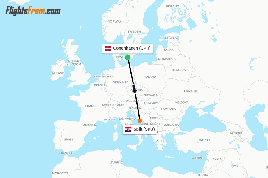 Flights from Copenhagen to Split route map
