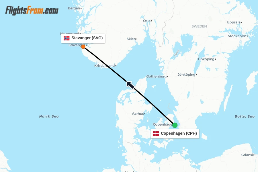 Flights from Copenhagen to Stavanger route map