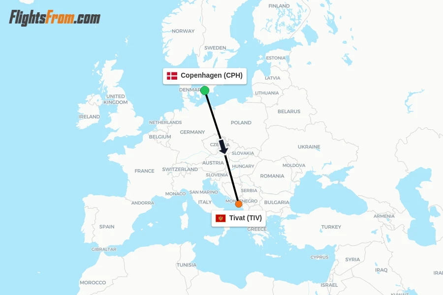 Flights from Copenhagen to Tivat route map