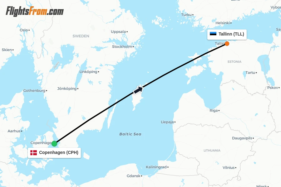 Flights from Copenhagen to Tallinn route map
