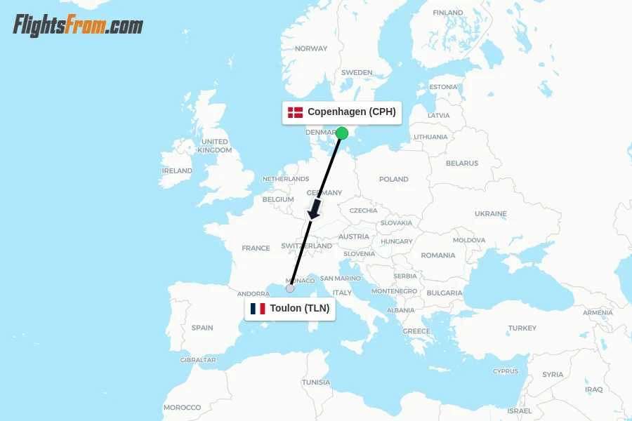 Flights from Copenhagen to Toulon route map