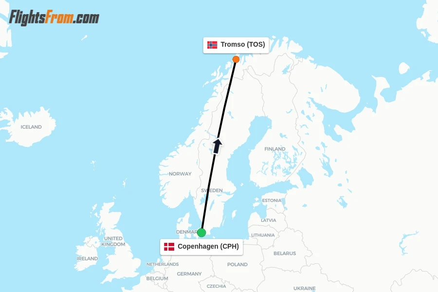 Flights from Copenhagen to Tromso route map