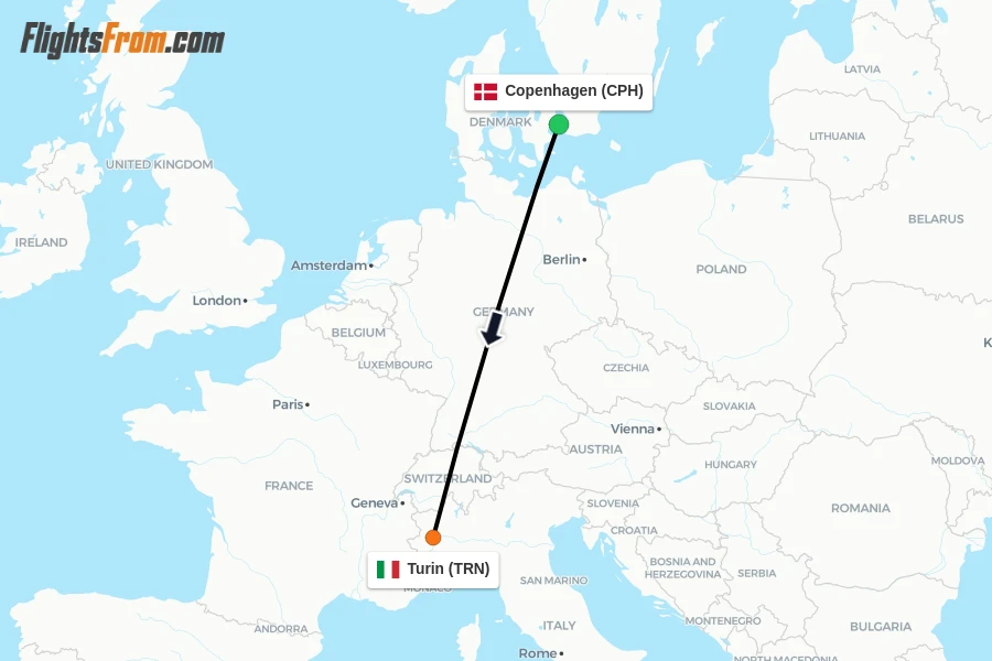 Flights from Copenhagen to Turin route map