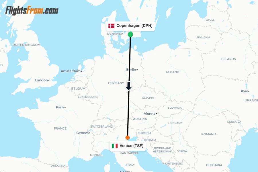 Flights from Copenhagen to Venice route map