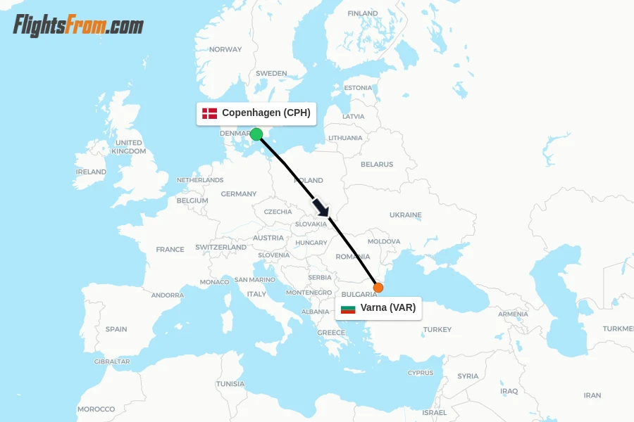 Flights from Copenhagen to Varna route map