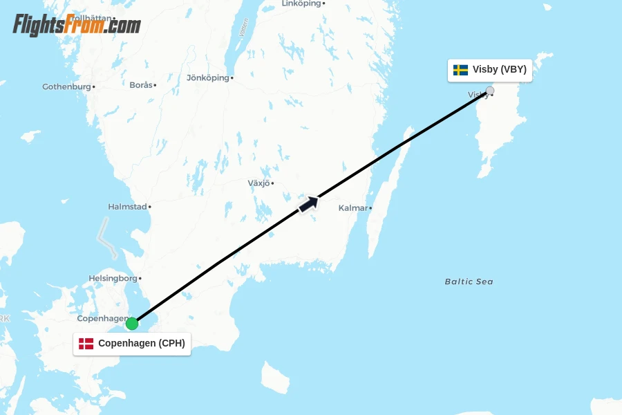 Flights from Copenhagen to Visby route map