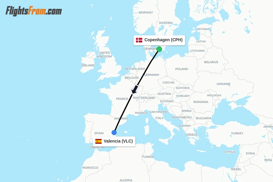 Flights from Copenhagen to Valencia route map