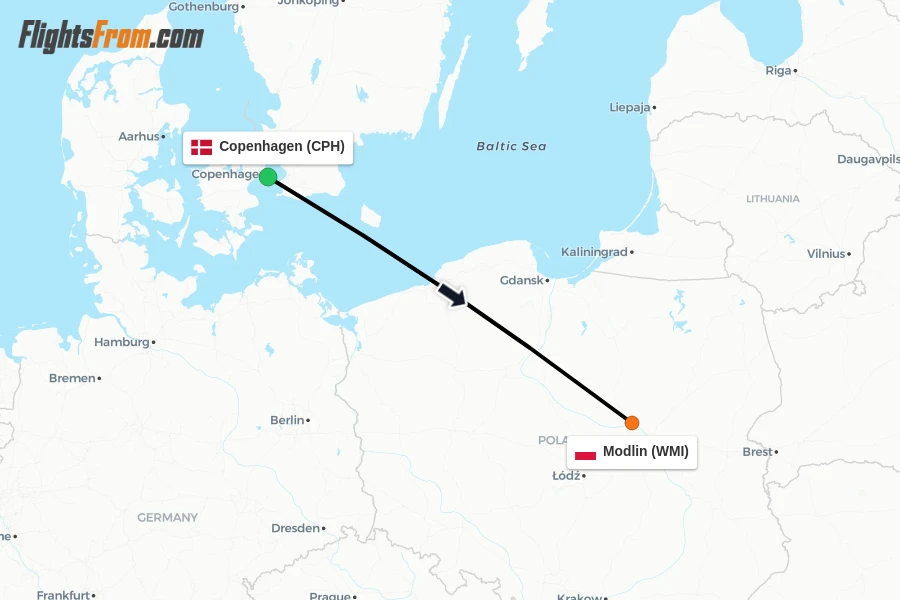 Flights from Copenhagen to Modlin route map
