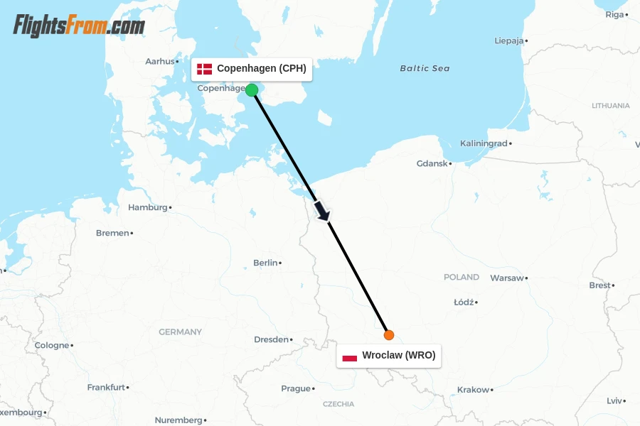 Flights from Copenhagen to Wroclaw route map