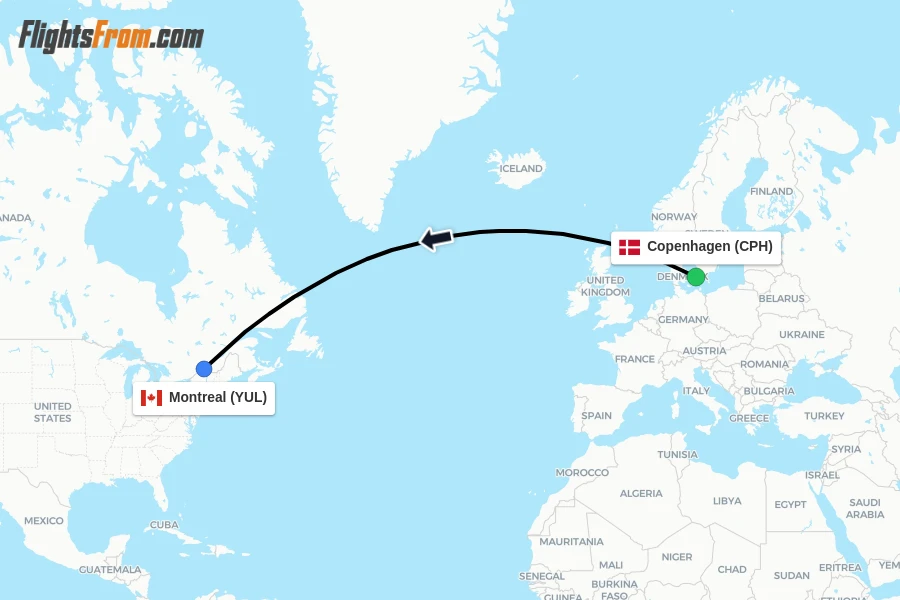 Flights from Copenhagen to Montreal route map