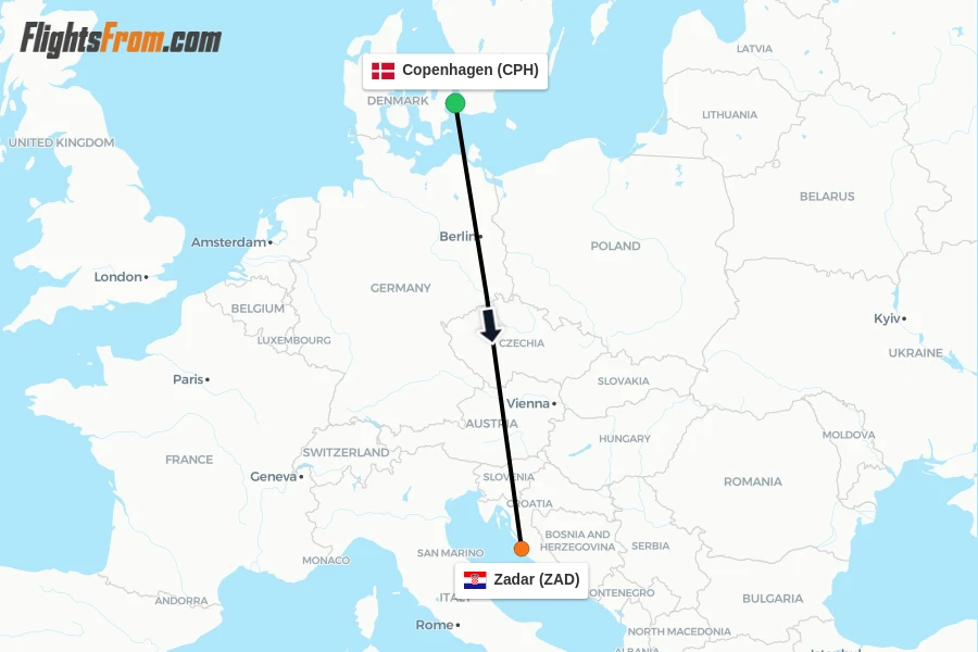 Flights from Copenhagen to Zadar route map