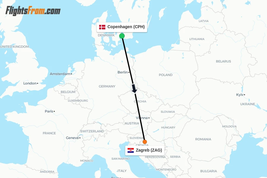 Flights from Copenhagen to Zagreb route map