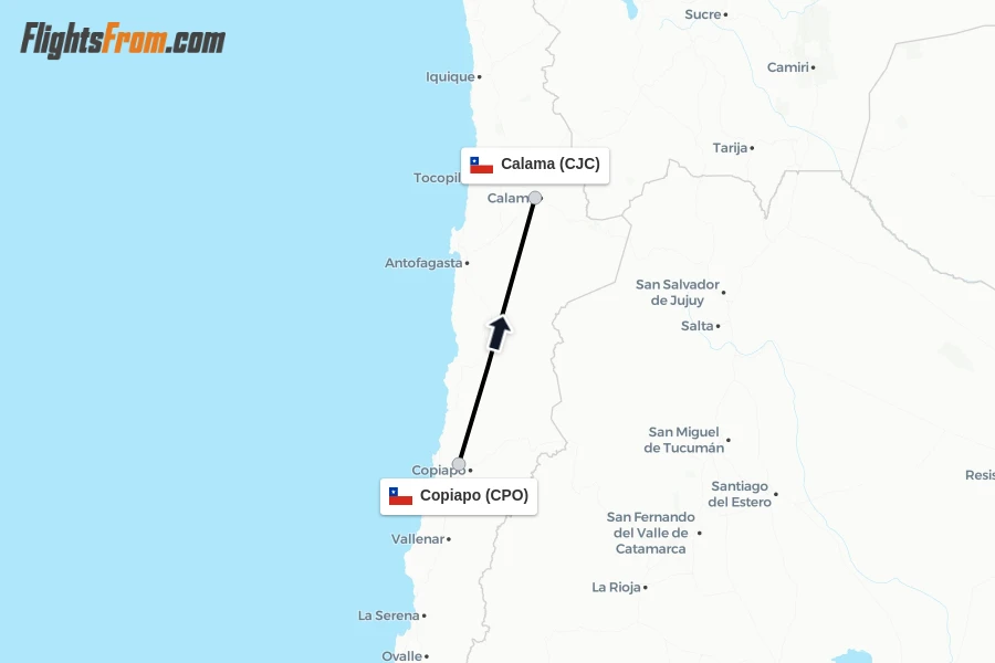 Flights from Copiapo to Calama route map