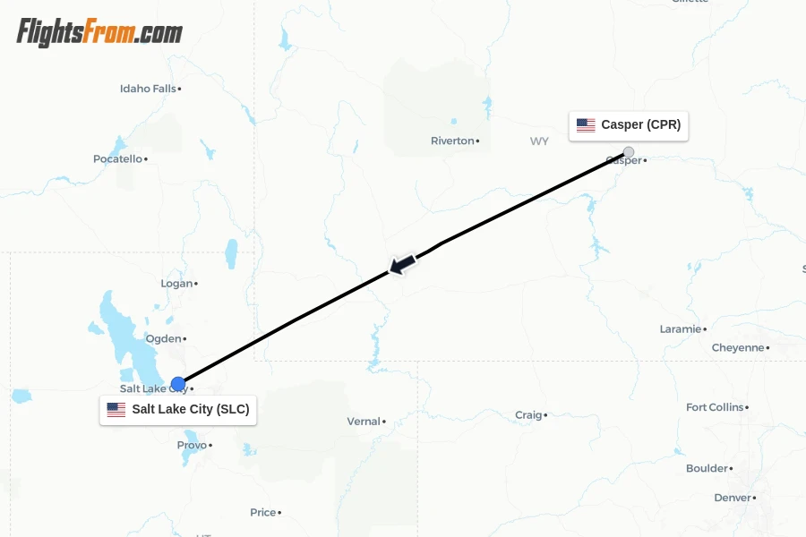 Flights from Casper to Salt Lake City route map