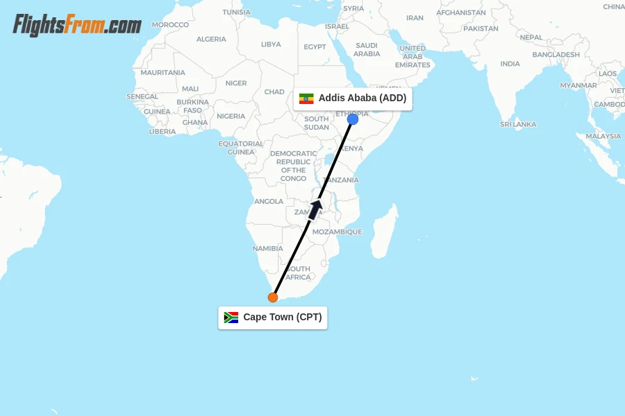 Flights from Cape Town to Addis Ababa route map