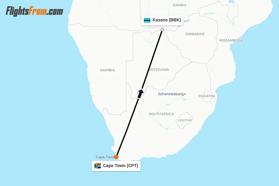 Flights from Cape Town to Kasane route map
