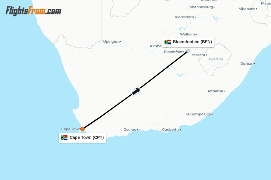 Flights from Cape Town to Bloemfontein route map