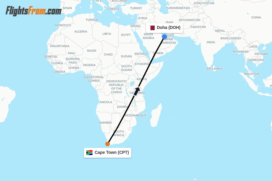 Flights from Cape Town to Doha route map