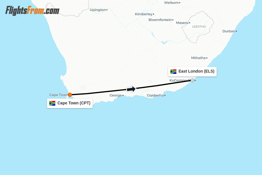 Flights from Cape Town to East London route map