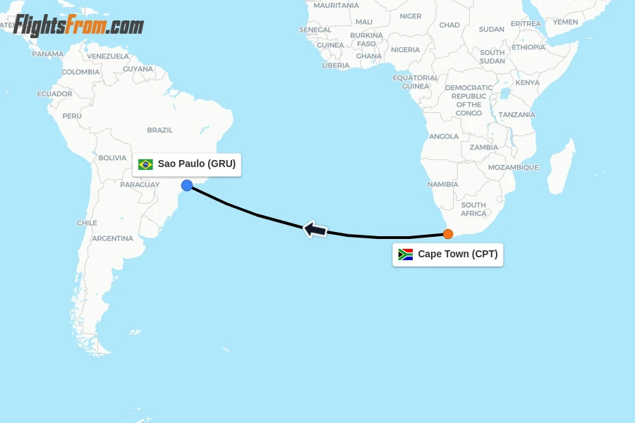 Flights from Cape Town to Sao Paulo route map