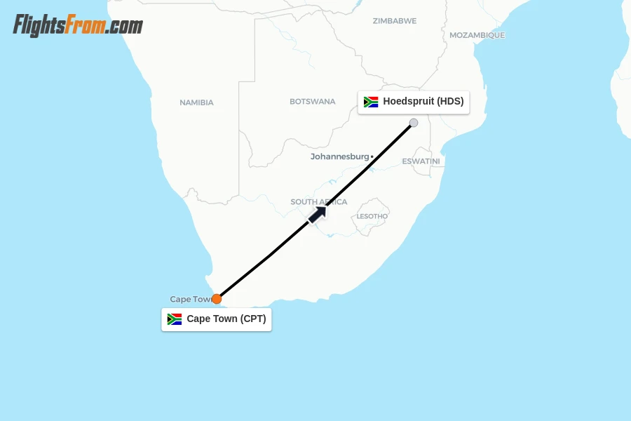 Flights from Cape Town to Hoedspruit route map
