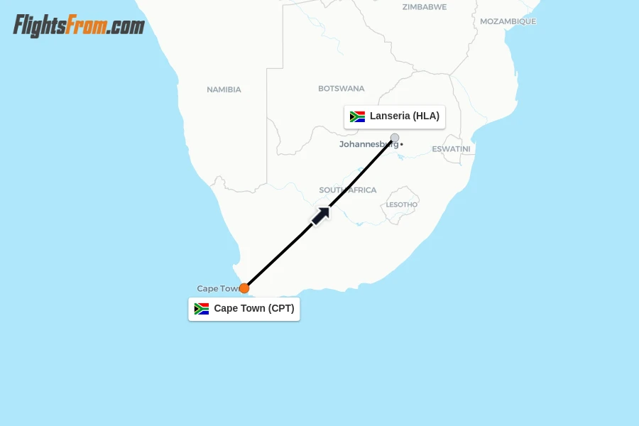 Flights from Cape Town to Lanseria route map