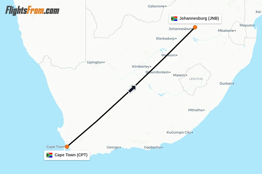 Flights from Cape Town to Johannesburg route map