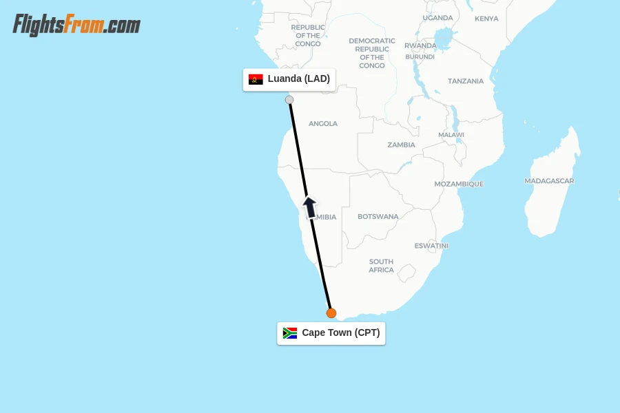 Flights from Cape Town to Luanda route map