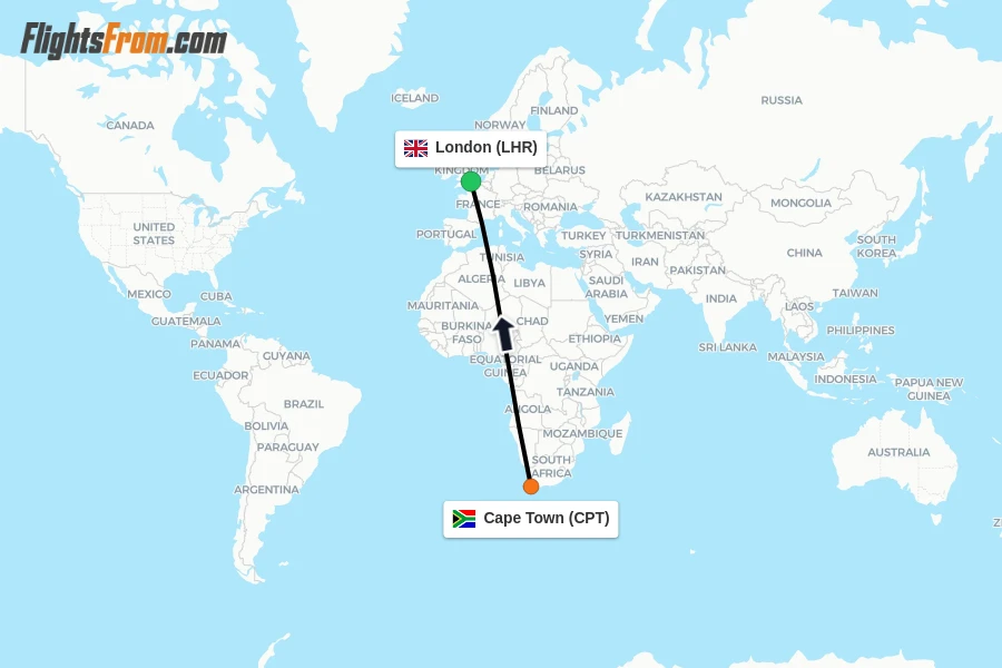Flights from Cape Town to London route map
