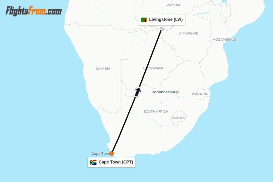 Flights from Cape Town to Livingstone route map