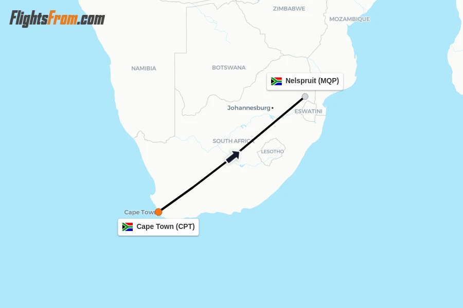 Flights from Cape Town to Nelspruit route map