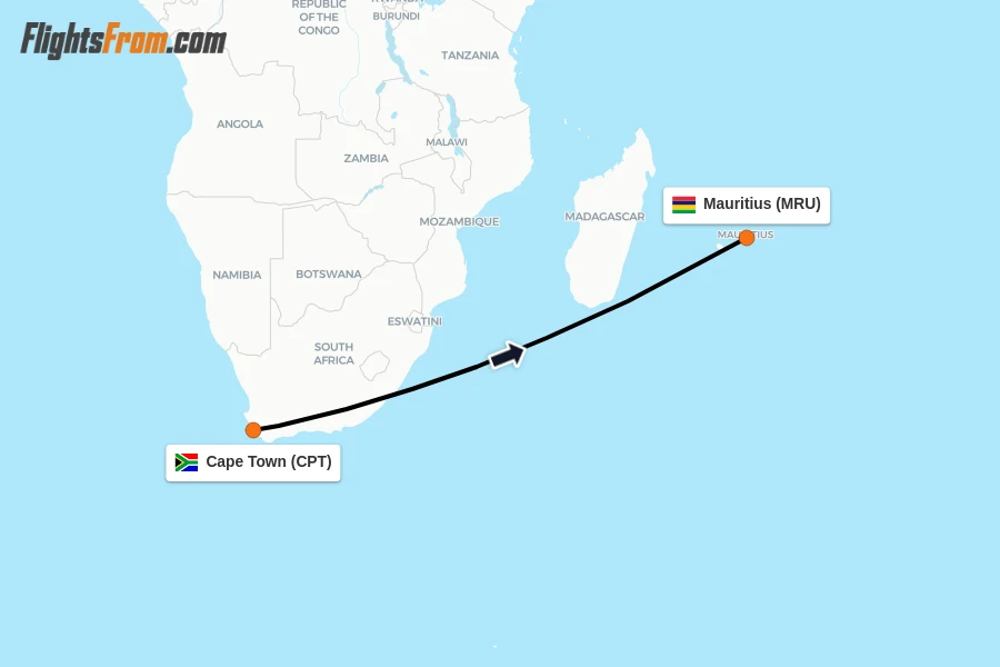 Flights from Cape Town to Mauritius route map