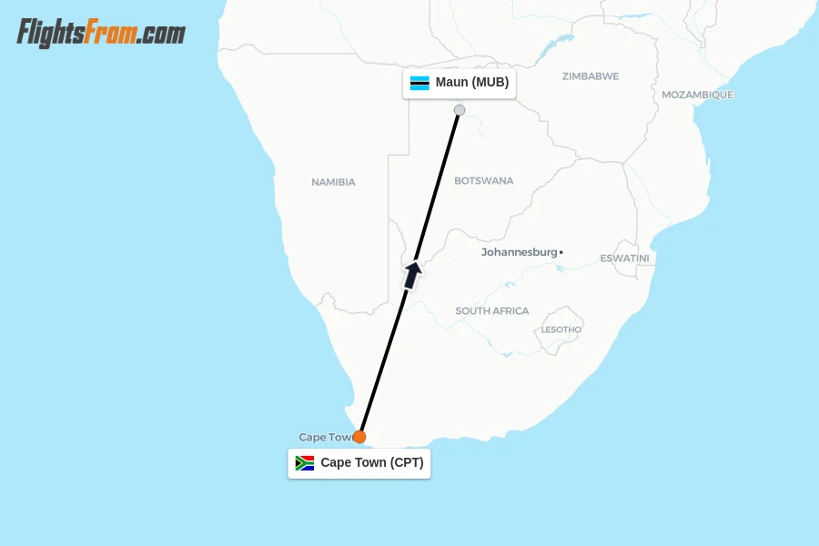 Flights from Cape Town to Maun route map