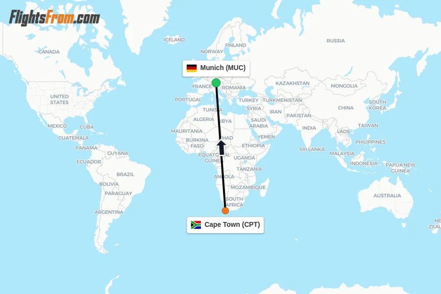 Flights from Cape Town to Munich route map