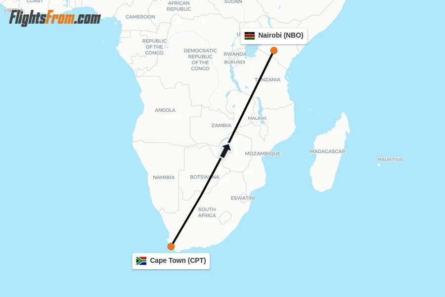 Flights from Cape Town to Nairobi route map