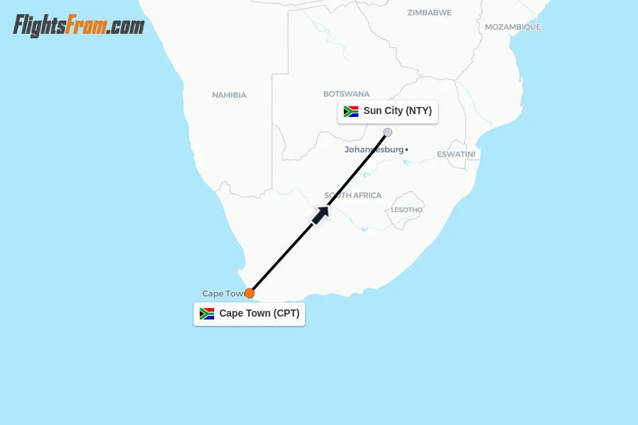 Flights from Cape Town to Sun City route map