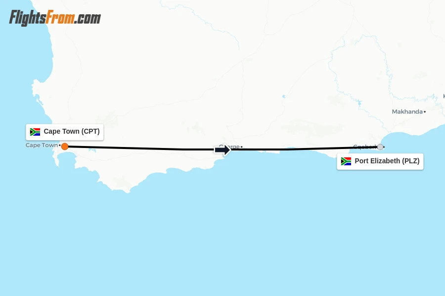 Flights from Cape Town to Port Elizabeth route map