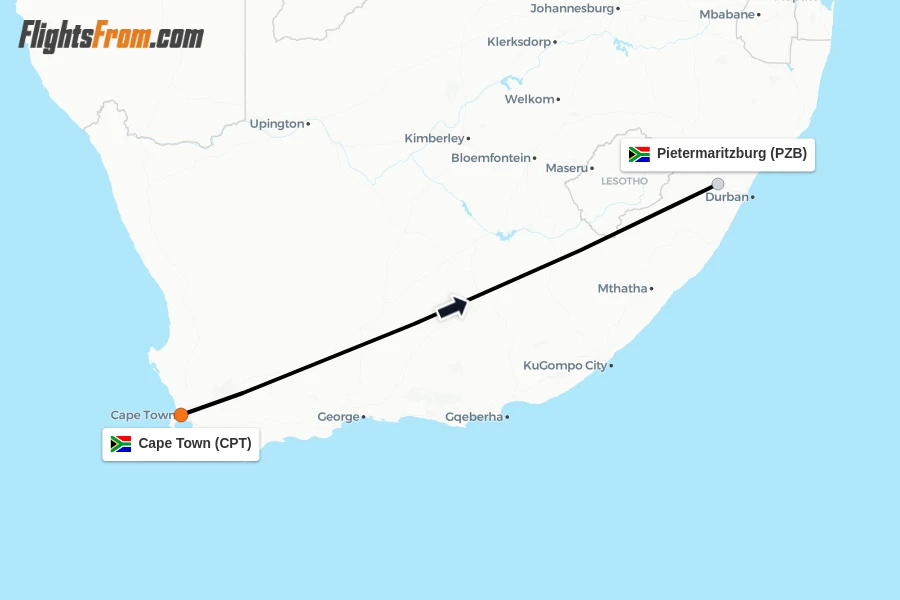 Flights from Cape Town to Pietermaritzburg route map