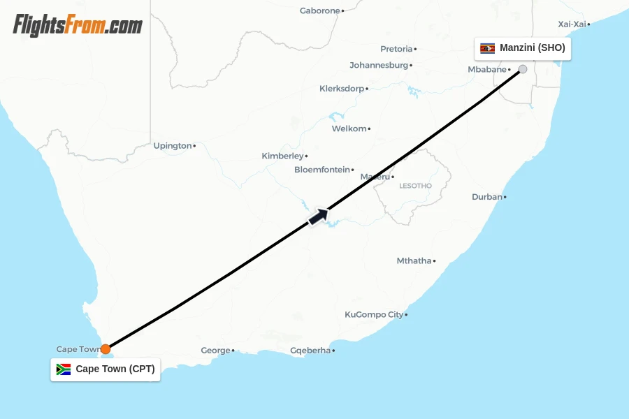 Flights from Cape Town to Manzini route map