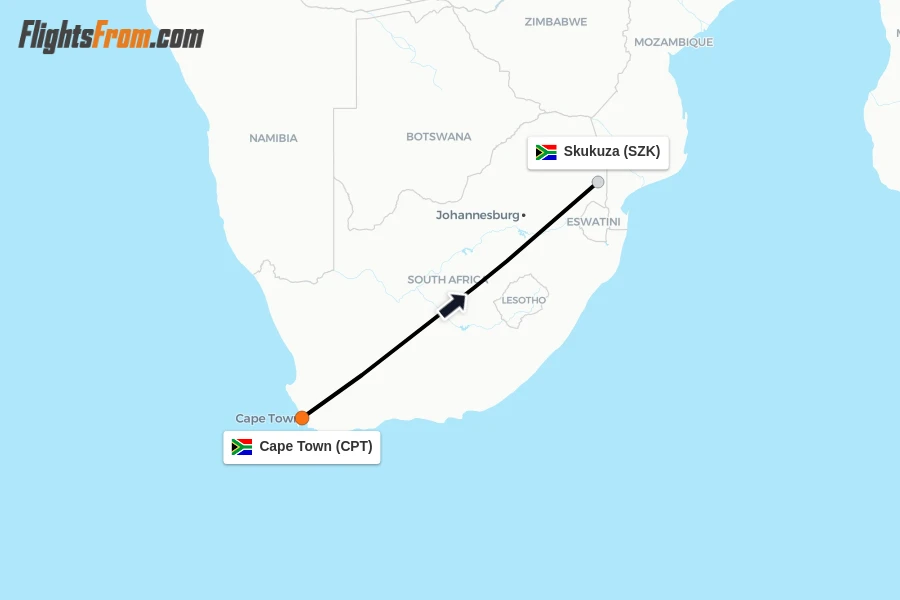 Flights from Cape Town to Skukuza route map