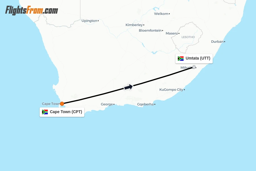 Flights from Cape Town to Umtata route map