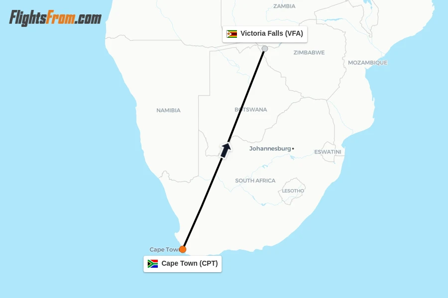 Flights from Cape Town to Victoria Falls route map